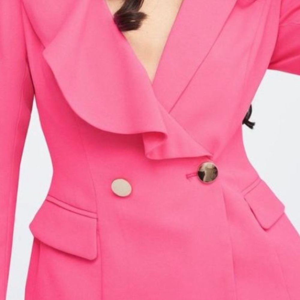 Lavish Alice Pink Fuchsia Double Breasted Button Ruffle Lapel Jacket Blazer - Picture 3 of 5